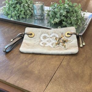 Coach Cream and Gold Wristlet Clutch with Signature Logo